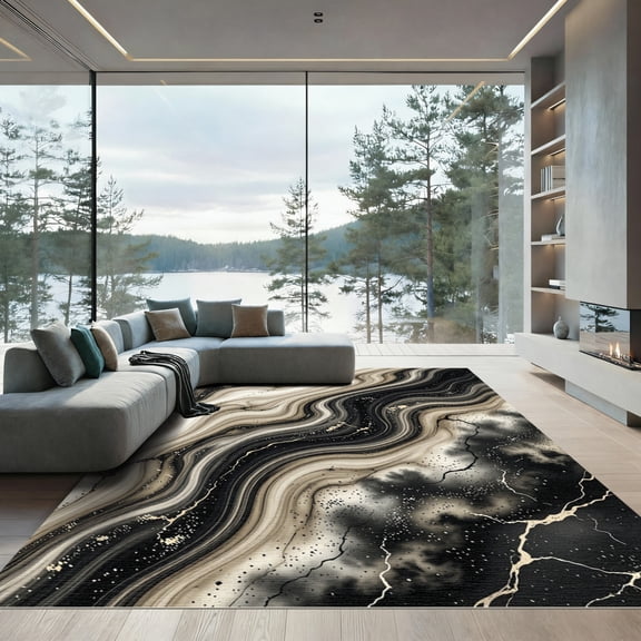 ODIKA 4'x6' Machine Washable Non-Slip Area Rug, Abstract Black High Traffic Rug, Black, 1237872