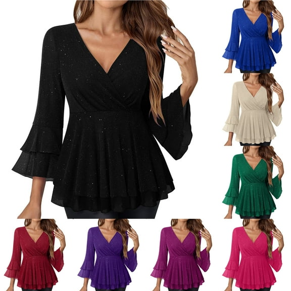 Otntypg Women's Dressy Blouses Ruffle 3/4 Sleeve Peplum Sparkly Tops Casual Fall Spring Wrapped V Neck Tunic Work Business T-Shirts Elegant Outfit Clothes Purple M