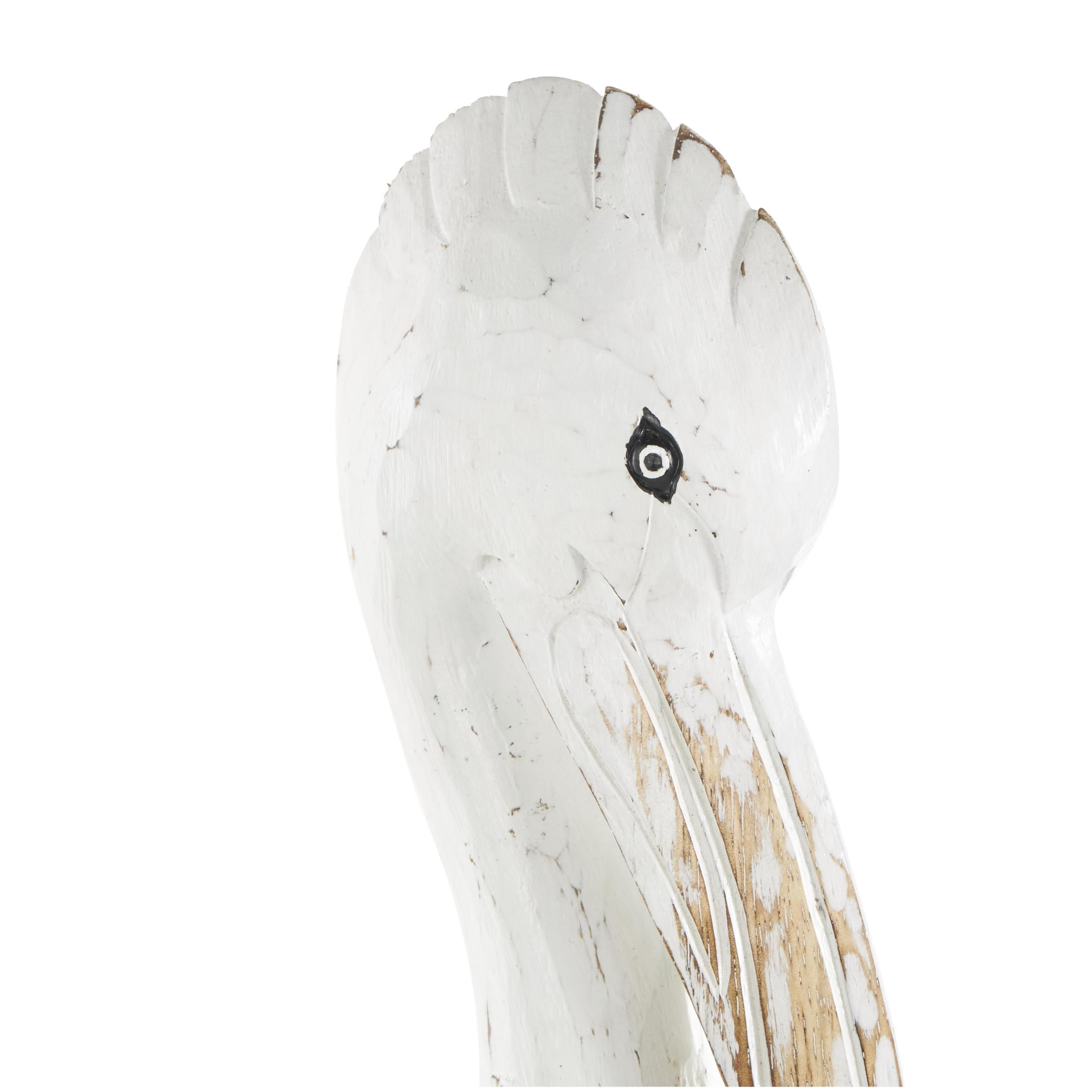 7" x 24" White Wood Handmade Distressed Pelican Sculpture with 3 Brown Posts, by DecMode