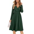 thumbnail image 1 of Vestido OUGES para mujer, manga larga, cuello en V, de otoño, verde oscuro, 1 of 7