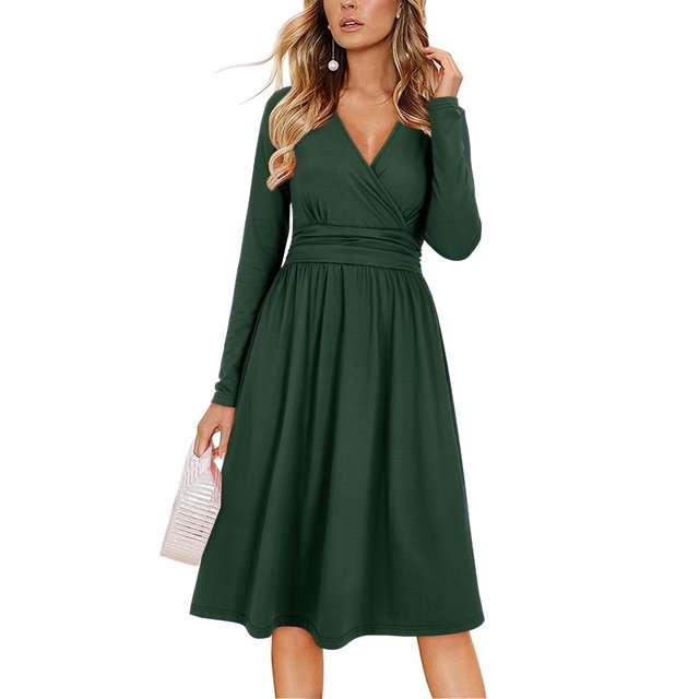 Vestido OUGES para mujer, manga larga, cuello en V, de otoño, verde oscuro