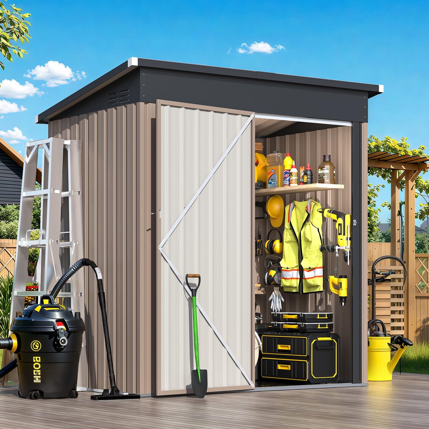 YODOLLA 5 x 3 ft. Outdoor Metal Steel Storage Shed with Floor Base for Backyard, Garden
