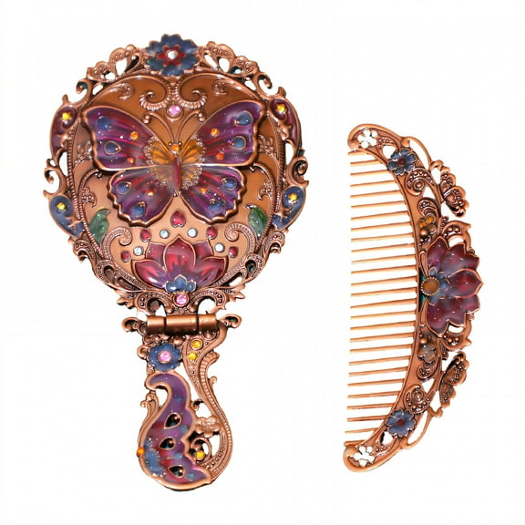 RAGUPEL Hand Mirrors with Handle,Flat Oval Hand Mirror 5.3"*2.7"*0.8" Small Mirror,Engraved Butterfly Design Hand Held Mirror,Style1