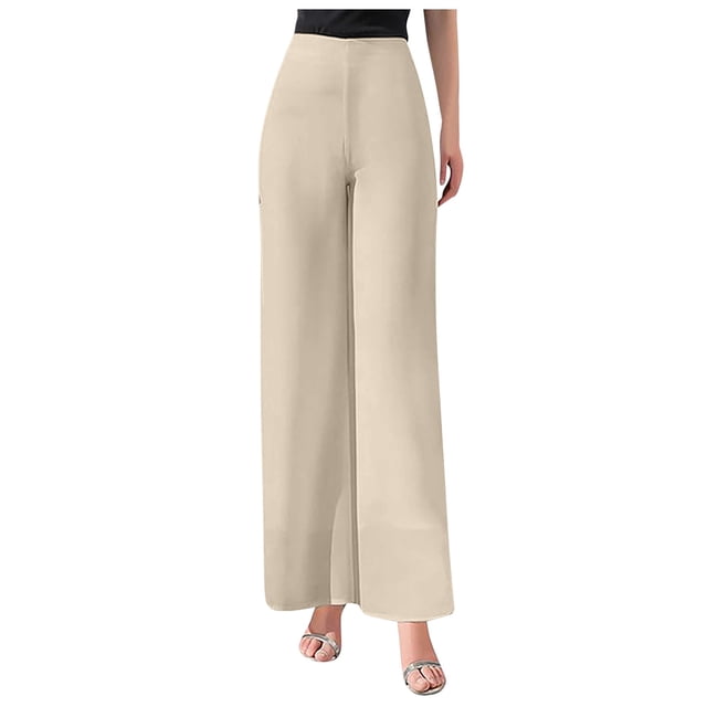 Pantalones acampanados de gasa de cintura alta para mujer: parte trasera elástica, cremallera lateral, tejido fluido, para bodas y cócteles