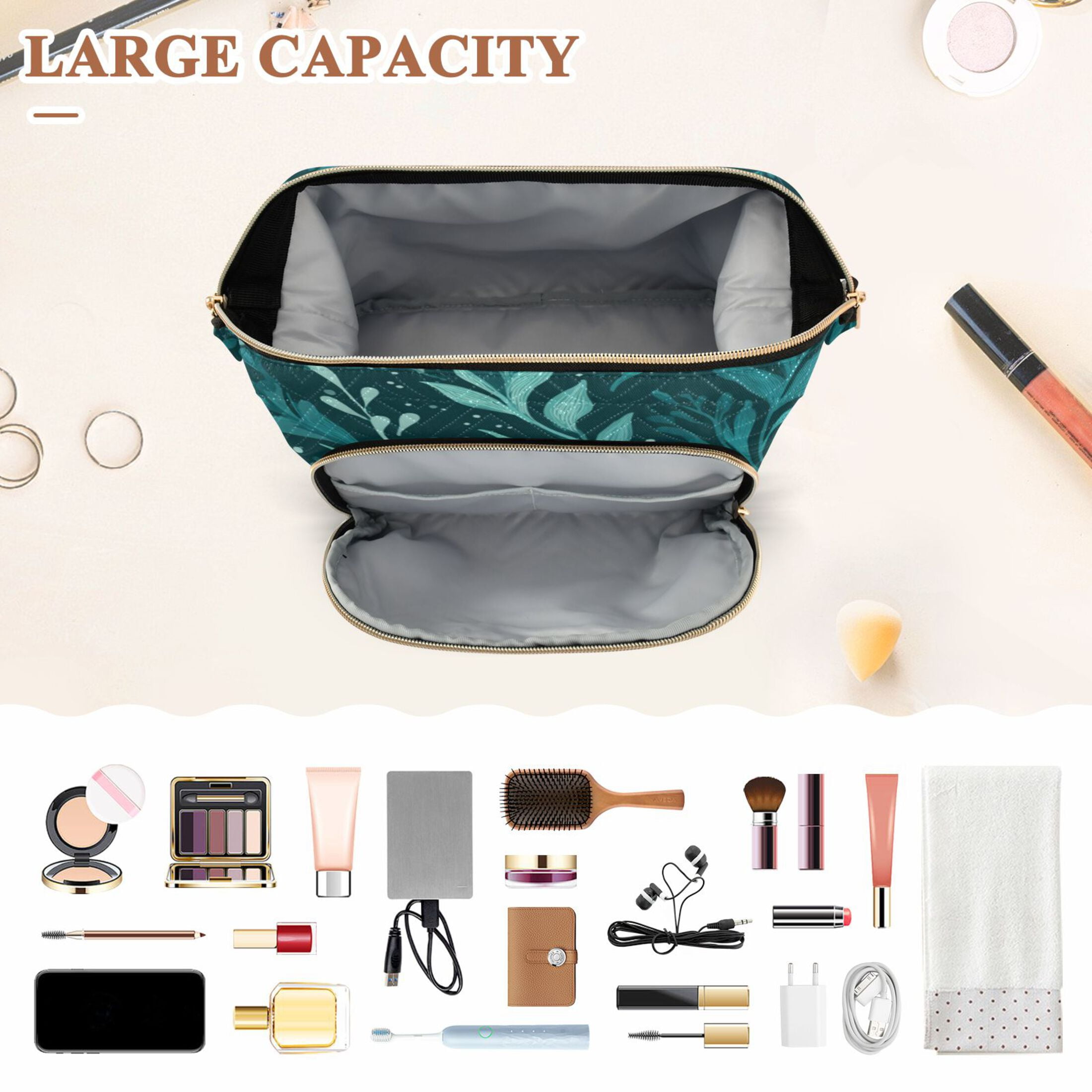 Wavy Quilted Cosmetic Bag Large-Capacity Travel Toiletry Organizer Includes 9-Piece Portable Travel Bottle Set Dark Green Seaweed