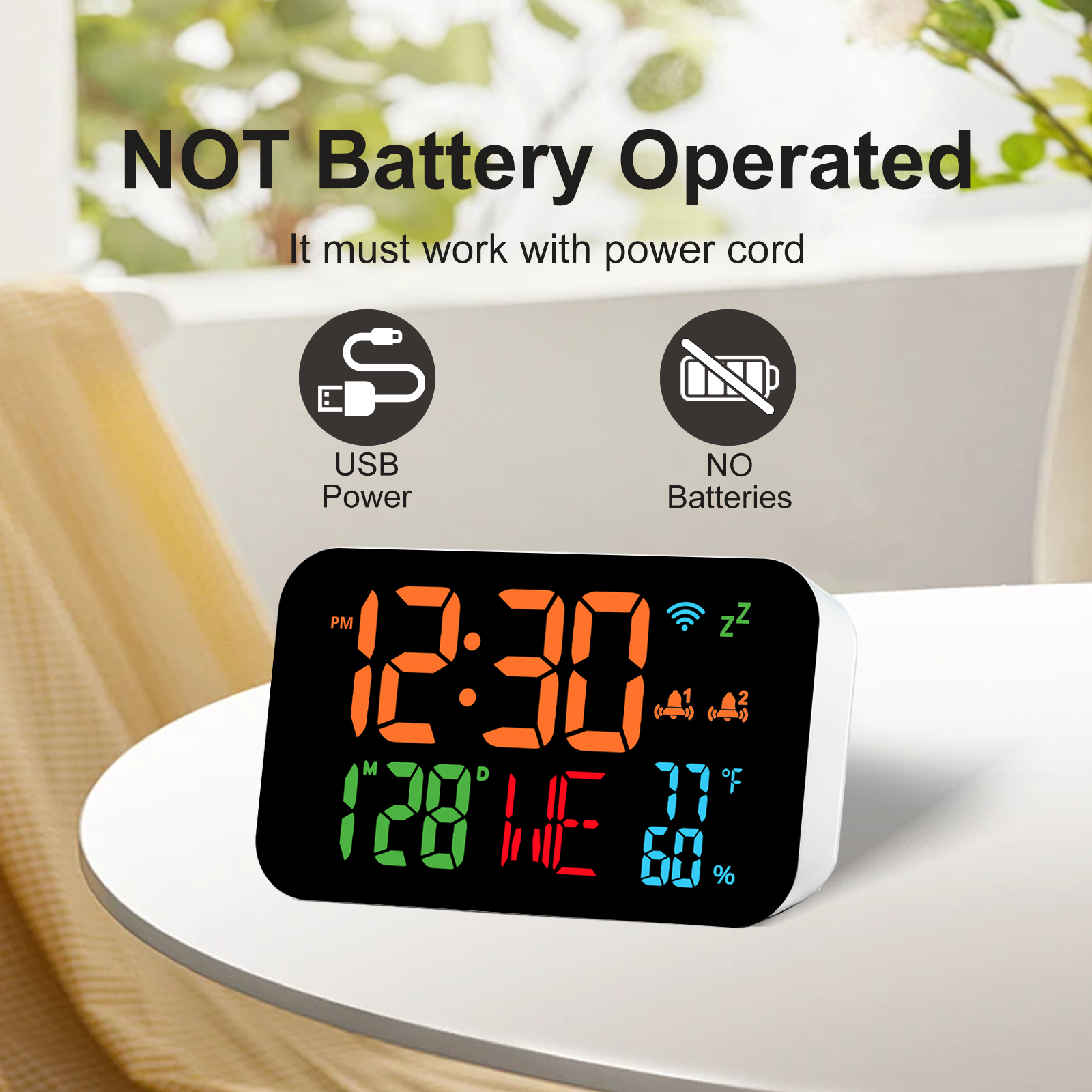 Intelligent LED Digital Alarm Clock Calendar WiFi Temperature Sensing Humidity Monitor Auto Calibration USB Operated
