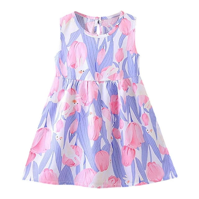 LUOGENLI Robe Robes pour Filles Robe d'Été à Fleurs Robe Sans Manches Robe Décontractée pour Enfants 1 7 Ans Robe pour Filles 2025 Moins de 20 Violet Pâle 3-4 Ans