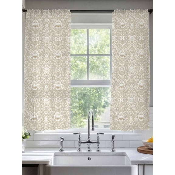 Beige Damask Sheer Curtains for Living Room Bedroom Vintage Country Scroll Floral Patterned Sheer Curtains 63 Inch Long 2 Panels Set Light Filtering Curtain Window Treatments Drapes for Dining Room