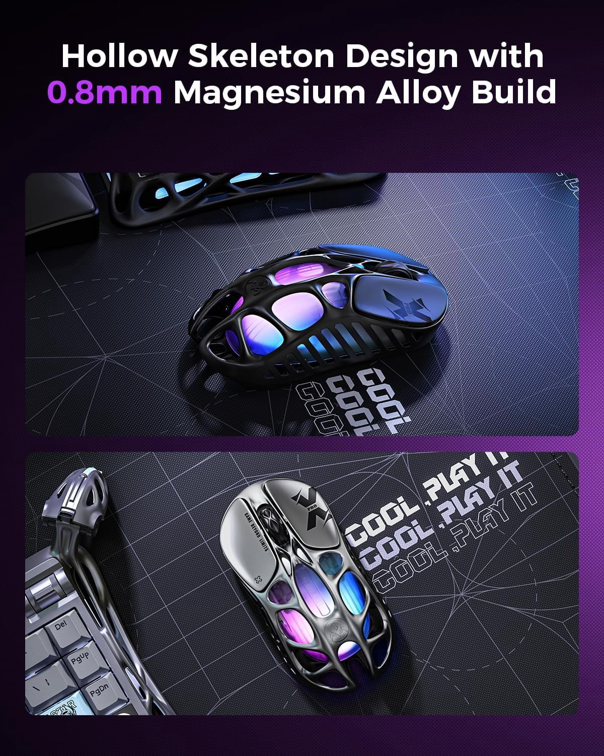 GravaStar Mercury X Pro 8KHz Wireless Gaming Mouse - PAW3950 Sensor, 32,000 DPI, 49g Lightweight Magnesium Alloy Hollow Design, Tri-Mode, 110Hr Battery, RGB Lighting-Galaxy Black