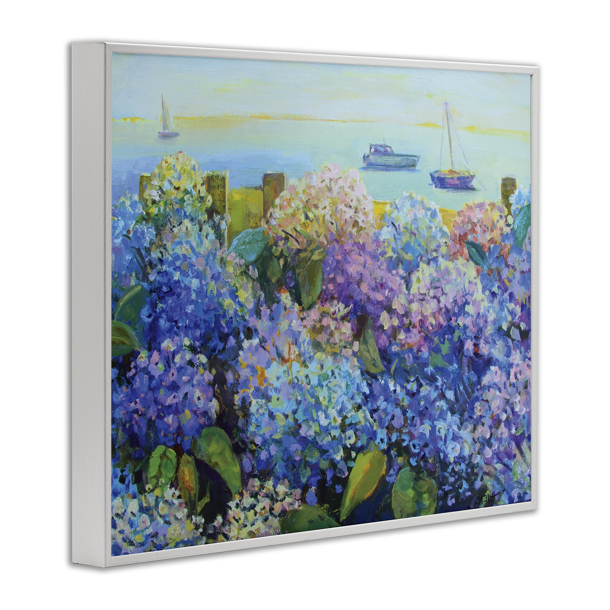 Stupell Industries Hydrangea By The Sea Landscape Painting White Framed Art Print Wall Art, 14 x 11