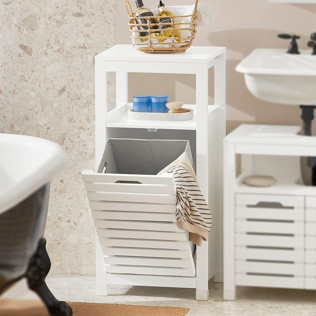 Haotian BZR21W, White Bathroom Laundry with Basket, TiltOut Laundry Hamper, Bathroom