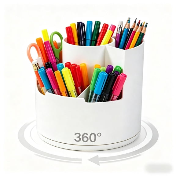 Desk Pencil Pen Holder, 5-Slot 360 Spinning Desk Organizer, Cute Pencil Cup Pot for Office Art Supply - White