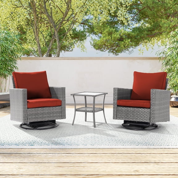 CHYVARY 3-Piece Patio Sofa Set Rattan Swivel Rocking Chair Set Side Table Suiting Backyard, Poolside and Patio,Red