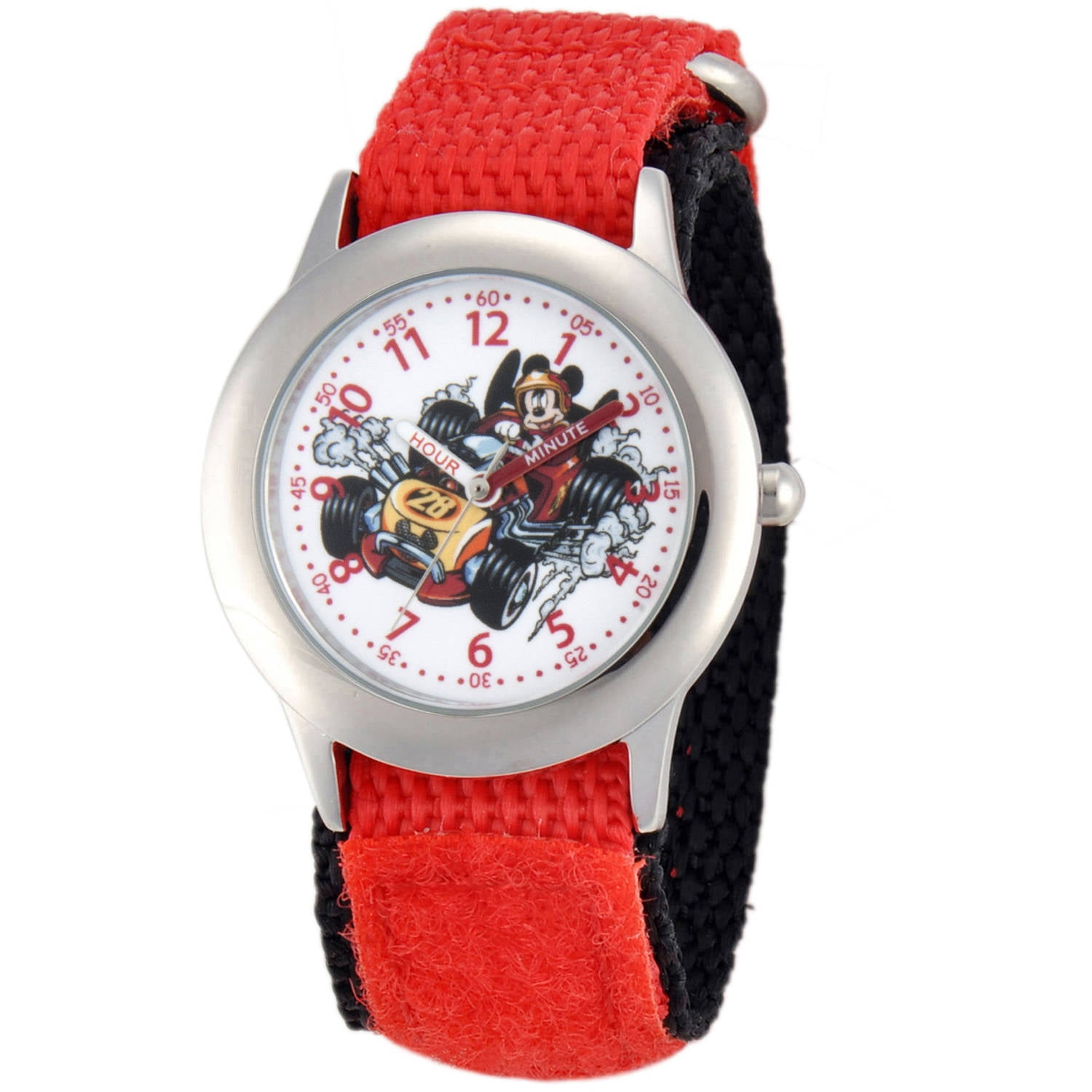 Mickey Mouse Boys' Stainless Steel Time Teacher Watch,Red Hook and Loop Nylon Strap with Black Backing