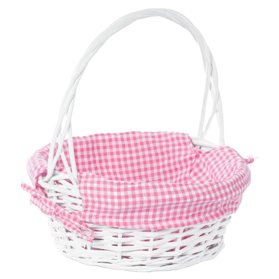 White Round Willow Gift Basket, with Gingham Liner and Handle