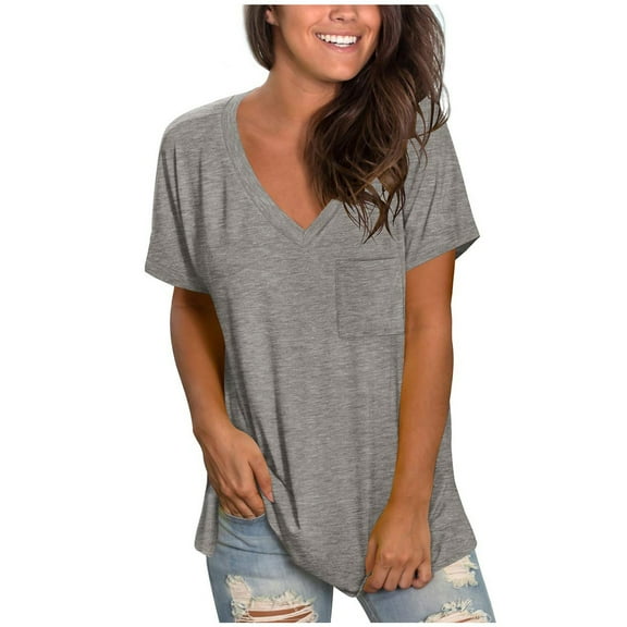 XFLWAM Women's Short Sleeve V-Neck Shirts Basic Loose Casual Solid Color Tee T-Shirt with Pocket Gray S