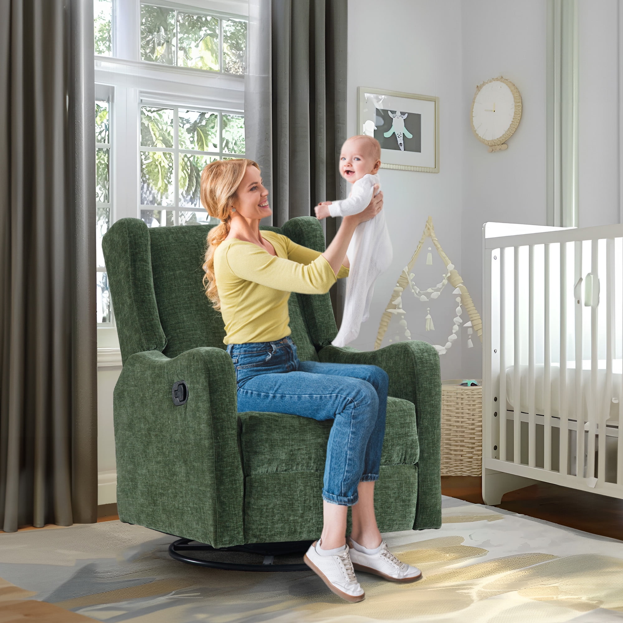 Lunale Swivel Glider Rocking Chair for Nursery, Wingback Upholstered Glider Rocker for Living Room, Green Chenille Fabric