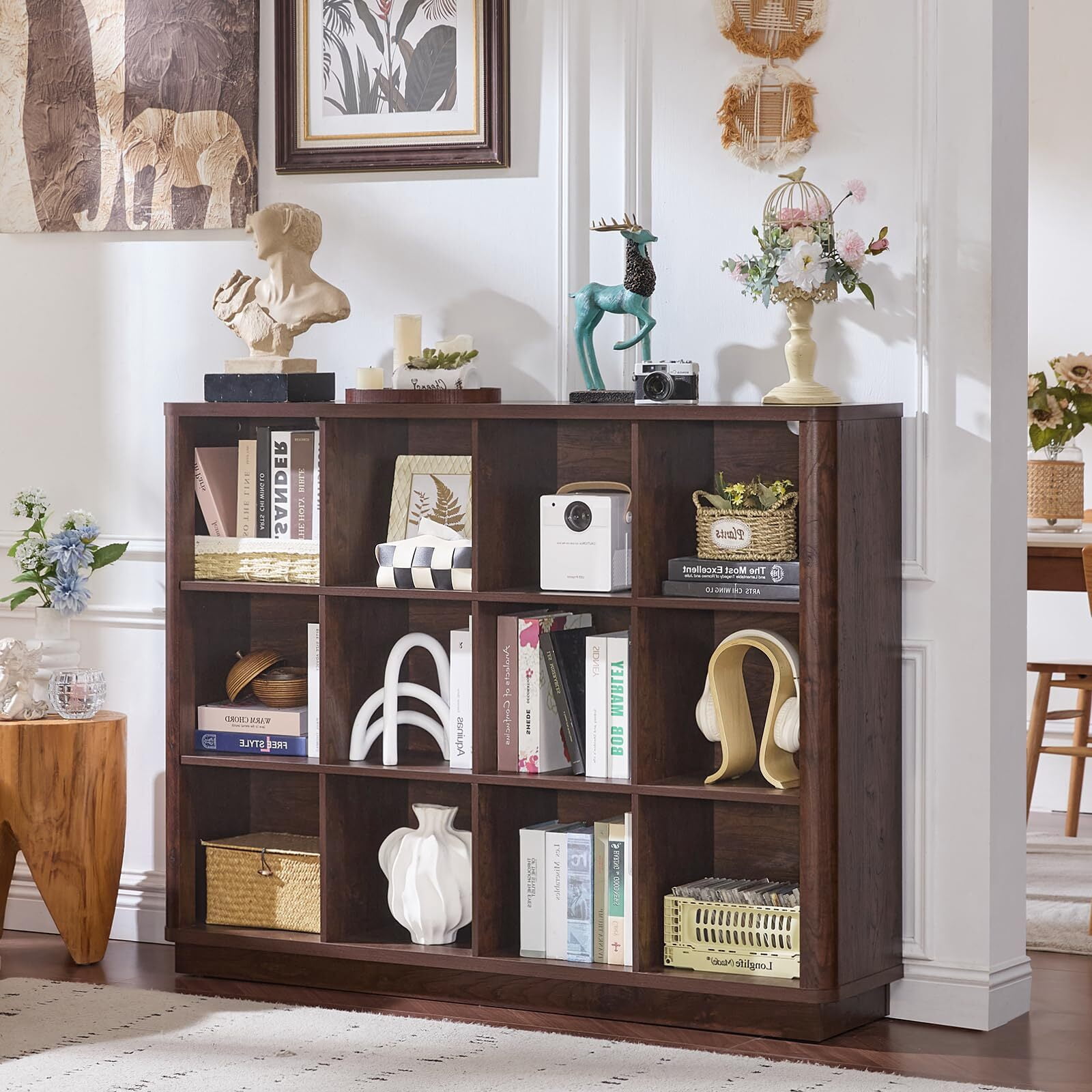 Buildhom 12-Cube 3-Tier Storage Bookcase, 41" Tall Floor Standing Bookshelf with Curved Edge for Living Room, Office, Walnut