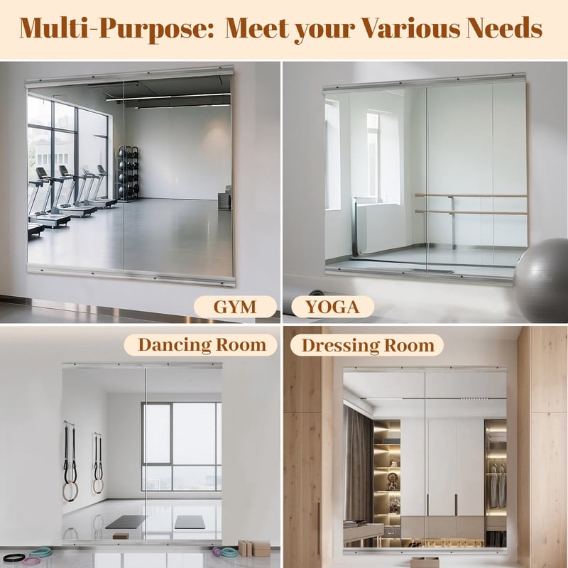 Easy4Home 33"x60"2-Pack Home Gym Mirror Tempered Glass Frameless Full Length Mirror Wall Mounted Yoga Mirror