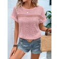 thumbnail image 3 of Womens Tops Casual Scoop Neck Short Sleeve Embroidered Lace Hollow Out Shirts Loose Tunic Knit Boho Blouses Pink XL, 3 of 7