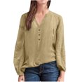 thumbnail image 1 of AherBiu Hauts à Manches Longues pour Femmes Blouse en Coton et Lin Demi-Boutonnage Col en V Hauts de Sortie pour Femmes, 1 of 5