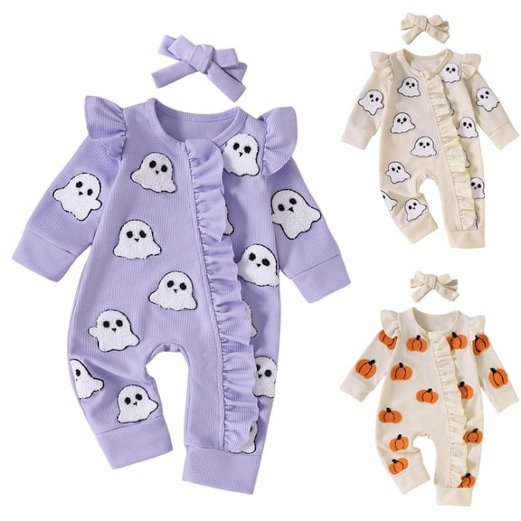 Pandaie Newborn Baby Girl Clothes Infant Ribbed Long Sleeve Romper Pumpkin Jumpsuit Bodysuit with Bow Headband Cute Fall Winter Outfits 0 3 6 12 18 Months