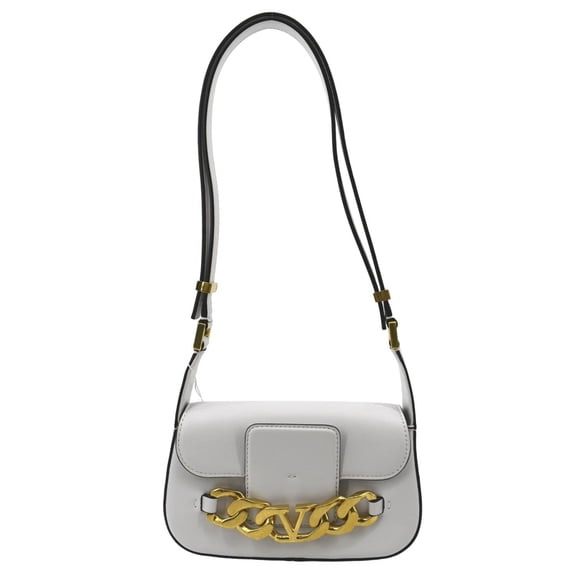 Pre-Owned VALENTINO V Logo Chain Leather Shoulder Crossbody Bag Off White