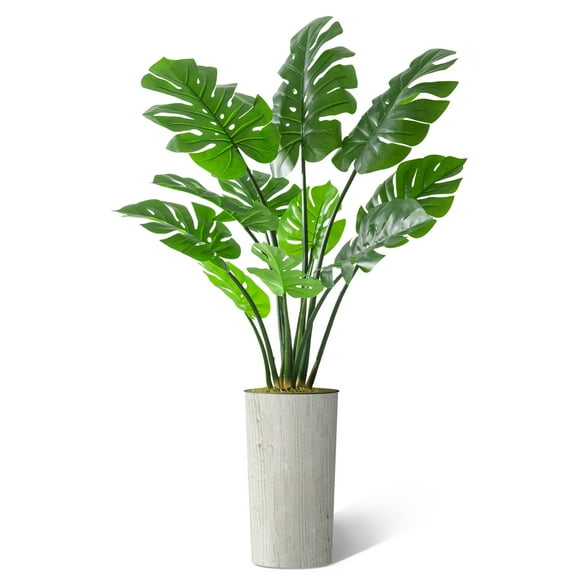 Artificial Tree in Modern Swirl Pattern Planter, Fake Monstera Silk Tree for Indoor and Outdoor Home Decoration - 65" Overall Tall (Plant Pot Plus Tree)