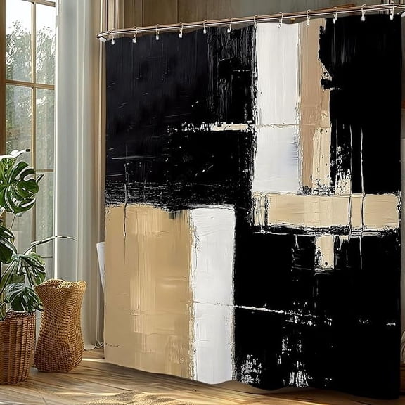 Abstract Black Tan Modern Shower Curtain Set Painting Contemporary Minimalist Brushstroke Art Neutral Waterproof Bathroom Curtain With 12 Hooks 36"W x 72"L (Pack of 1)