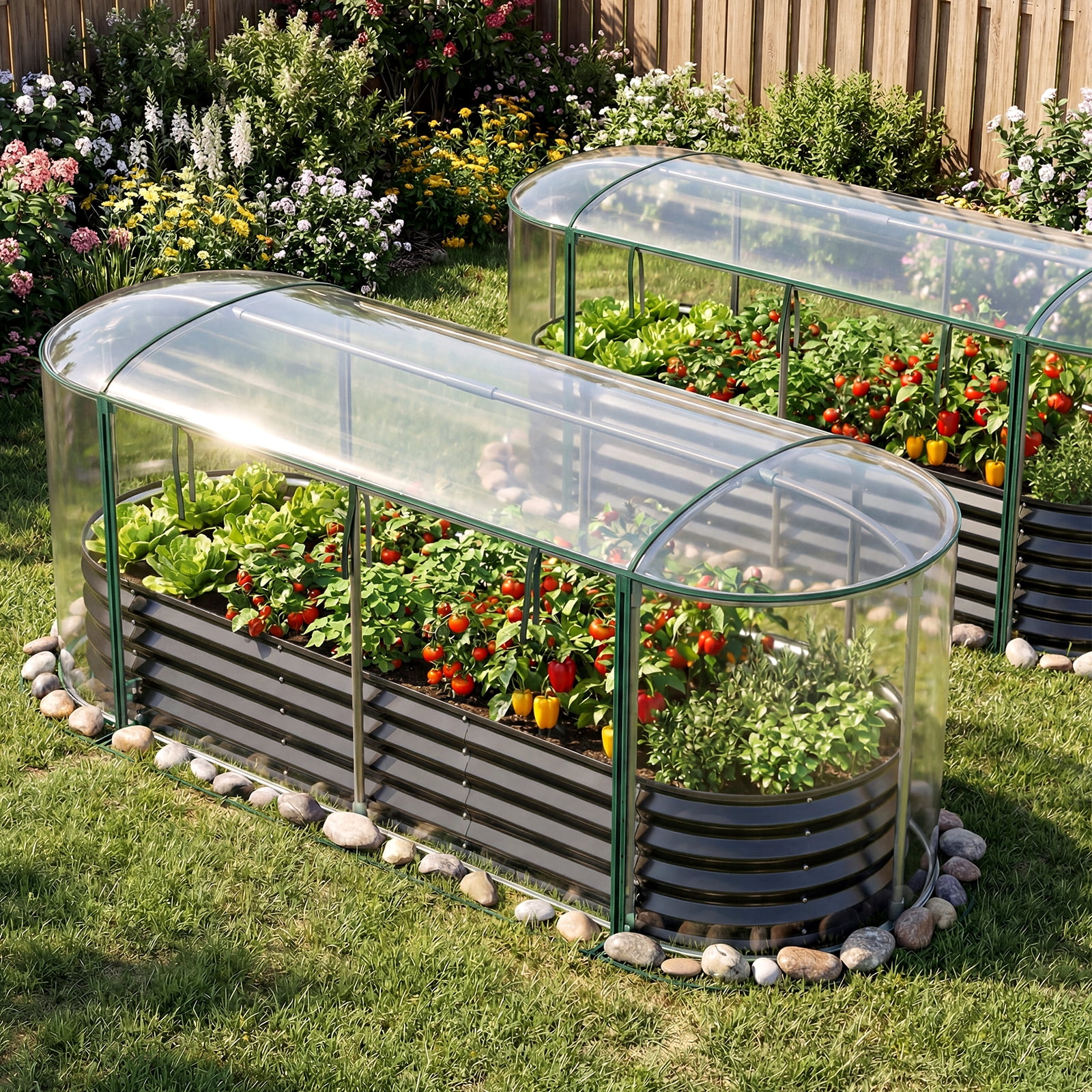 Costway 6 x 2 x 1 FT Color Steel Raised Garden Bed with Greenhouse Cover, Roll-up Window Black + Transparent