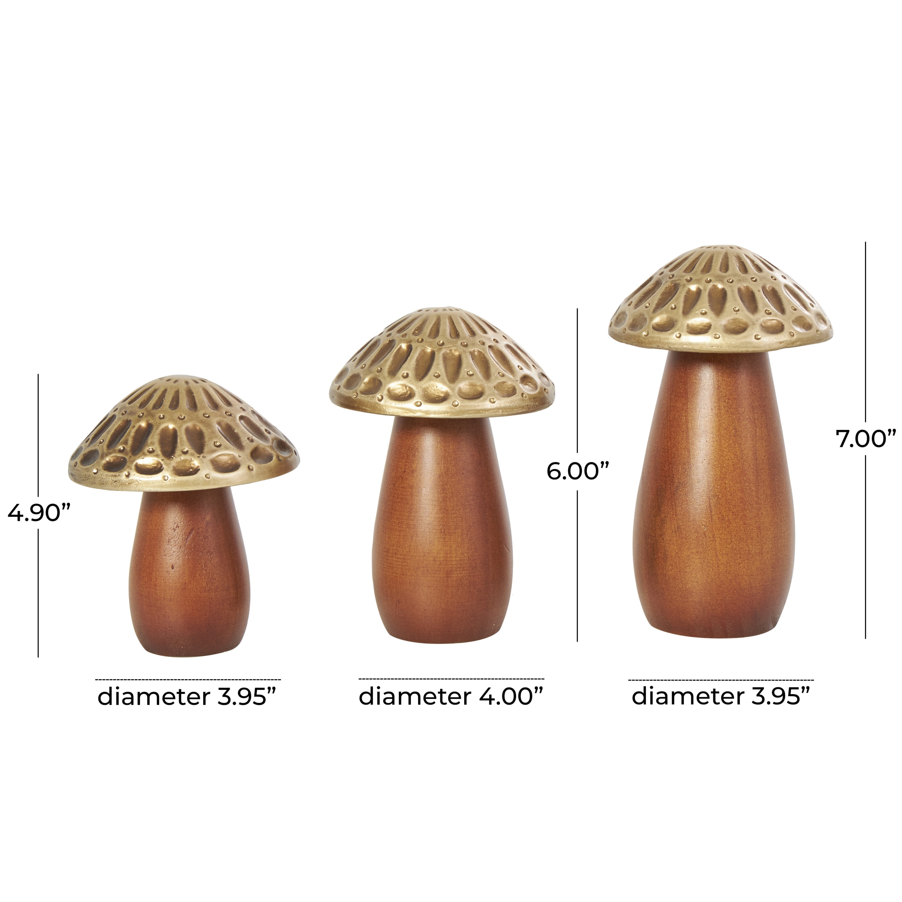 7", 6", 5"H Brown Wood Mushroom Sculpture with Gold Tops and Groove Patterns, by DecMode (3 Count)