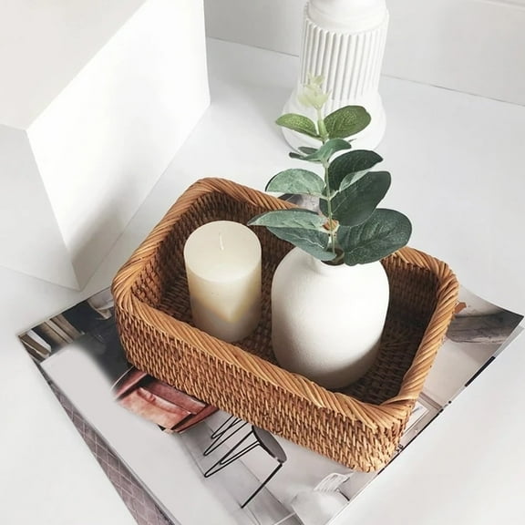 Natural Rectangular Rattan Storage Basket, Hand Woven Food and Fruit Serving Baskets, Wicker Organizer for Living Room, Bedroom, Kitchen