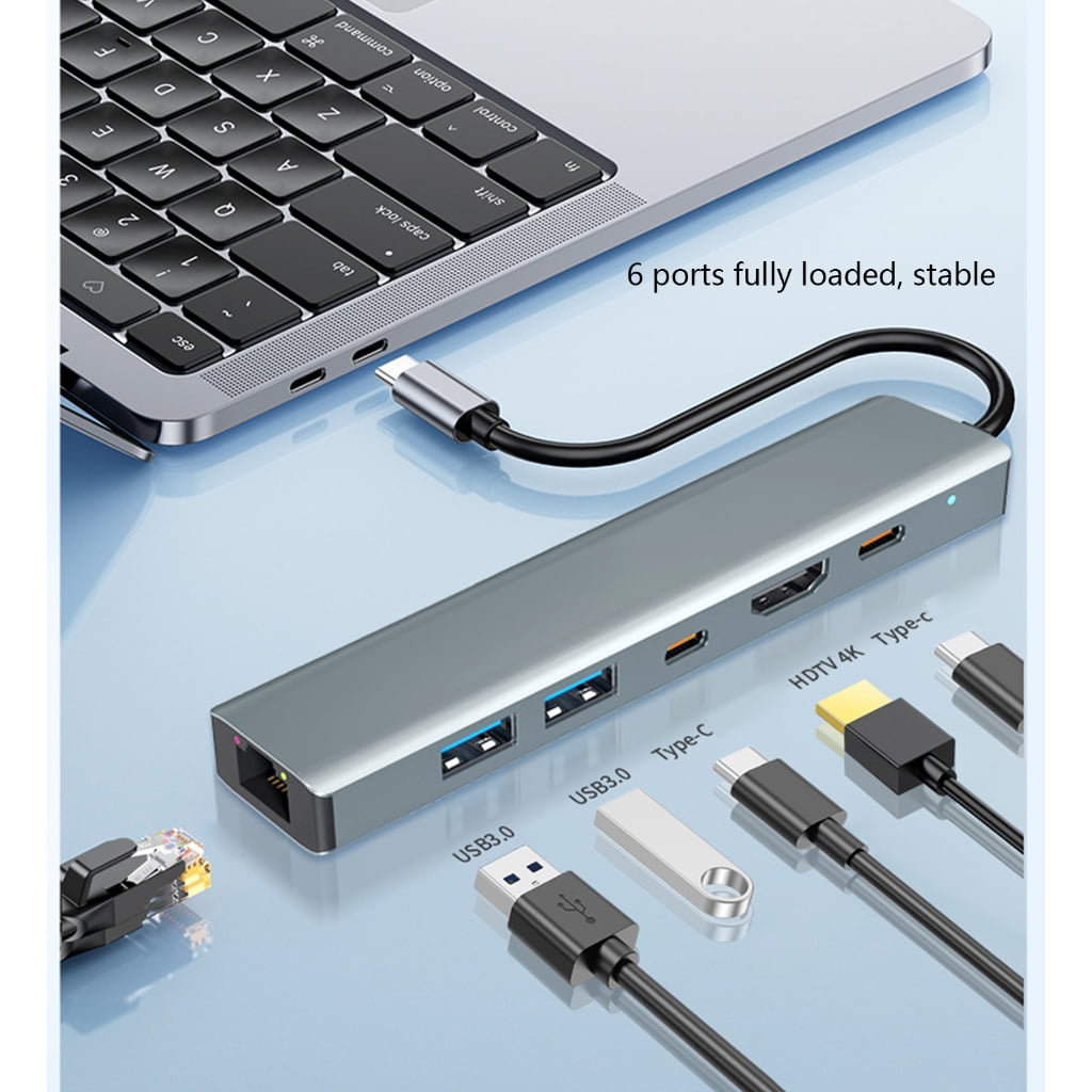 PatungKu 6 in 1 USB C Docking Station Multiport Adapter Gigabit Ethernet 2xUSB3.0 4K HDTV
