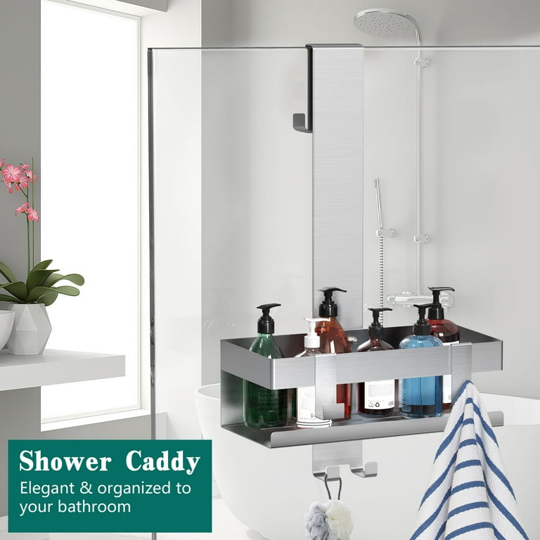 AmazerBath Shower Caddy Shelf with Hooks, No Drilling Adhesive Shower Shelf  for Bathroom Storage, Rustproof Stainless Steel Shower Organizer Wall
