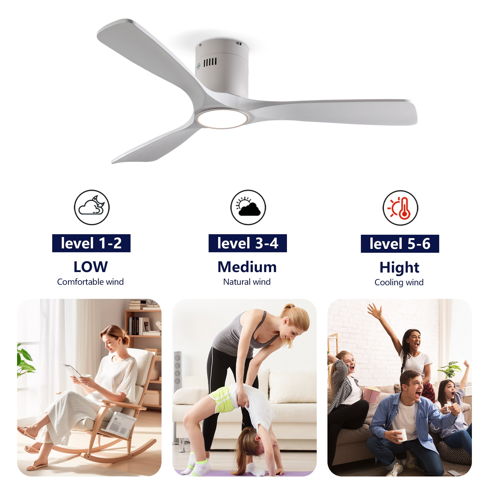 Eowynic 52-Inch Modern Ceiling Fans with Lights, 3 Wood Blades, DC Motor, 6-Speed, Remote Control, Flush Mount, White