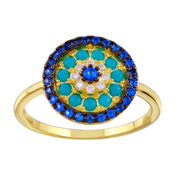 Gold Plated 925 Sterling Silver Simulated Turquoise & Evil Eye Ring Blue CZ Female Size 7