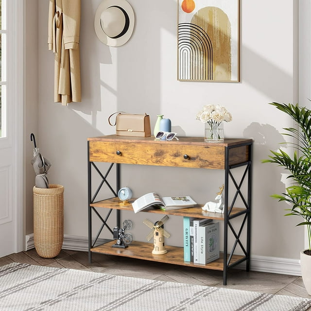 Table Console à 3 Niveaux pour Entrée avec Tiroir et 2 Rangements Ouverts, Table de Canapé Industrielle avec Rangement pour Salon, Table Console Étroite avec Design en X, Robuste et Durable