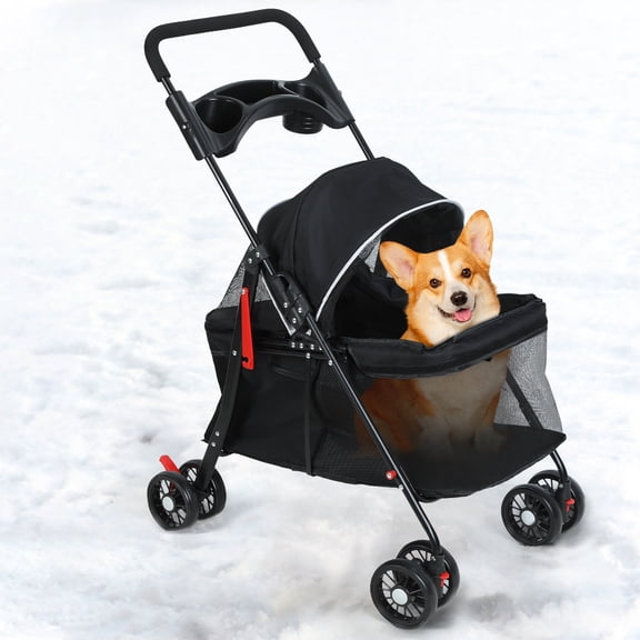 solautey Pet Stroller for Small Dogs and Cats with 4 Wheels, Foldable Portable Dog Stroller with Detachable Carrier, Storage Basket & Cup Holder, Up to 33 lbs