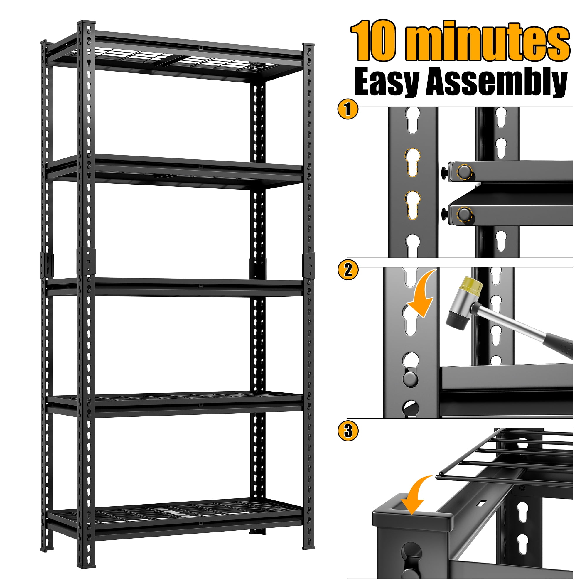 FIXTECH 5-Tier Adjustable Storage Shelf Units for Garage Heavy Duty, 72" H x 35.5" W x 16", Black