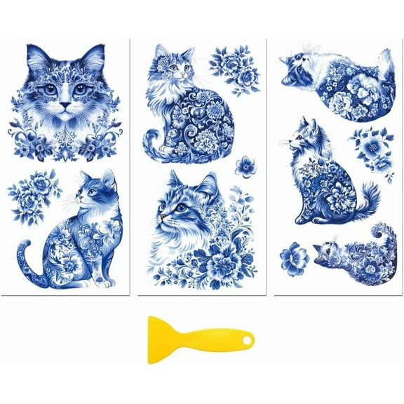 Rub on Transfer Decal Sticker for Furniture Craft Decor 6"x12" Blue and White Porcelain Texture 3Pcs Waterproof UV DTF Transfer for Drawer Dresser Glass Porcelain Wood Plastic Window