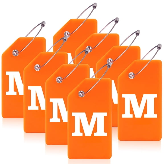 Emlimny 8 Pcs Luggage Tags for Suitcases, M Letter Silicone Luggage Tag with Name ID Card Travel orange luggage tags Identification Labels ID Tags Fully Bendable Tags with Stainless Steel Loop