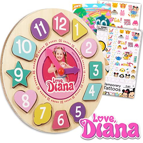 Love Diana Horloge Puzzle Forme de Tri Jeu pour les Tout-Petits, les Enfants 5 Pc Apprentissage Jouet Bundle avec Love Diana Horloge en Bois, Tatouages Temporaires, et Plus (Jouets en Bois Love Diana)