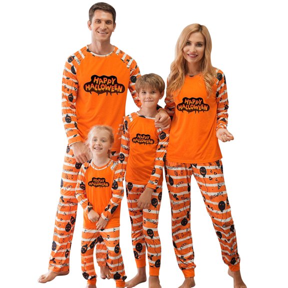Onlypjs Happy Halloween Pajamas for Family Orange Striped Pumpkin Balloon Sleepwear Loungewear Sets for Men Women Couples