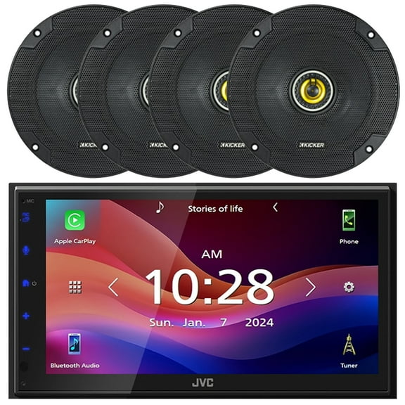 JVC KW-M690BW 6.8" Capacitive Monitor Single-DIN Bluetooth USB/MP3 Digital Media Shallow Chassis Multimedia Receiver, 4x Kicker CSC65 CS Series 6.5" 300W Max Power 2-Way Coaxial Car Audio Speakers