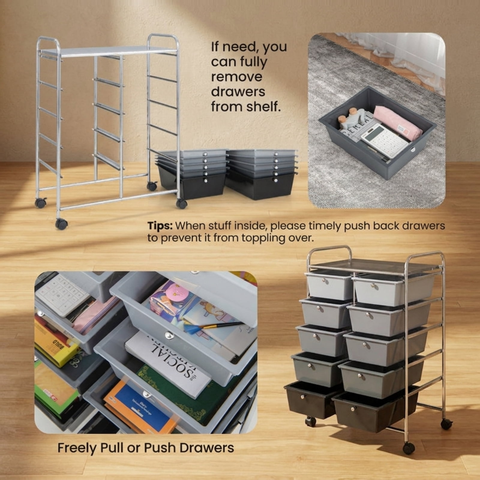 Furnibear 10-Drawer Rolling Storage Cart Multi Organizer for Home Office Craft Room Classroom Multi Use Mobile Storage Solution, Gray