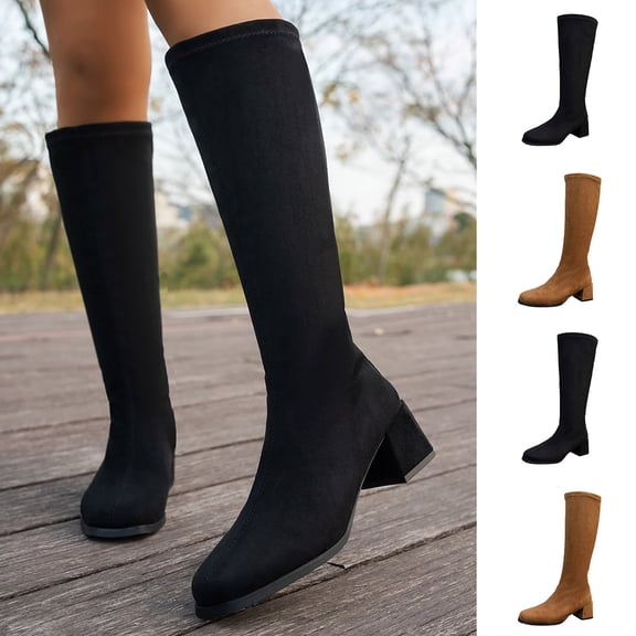 Womens Elegant Stretch Suede Tall Knee High Boots, Round Toe Solid Block Heel Pull On Slim Boots, Comfort Dress Boots Brown 9(42)