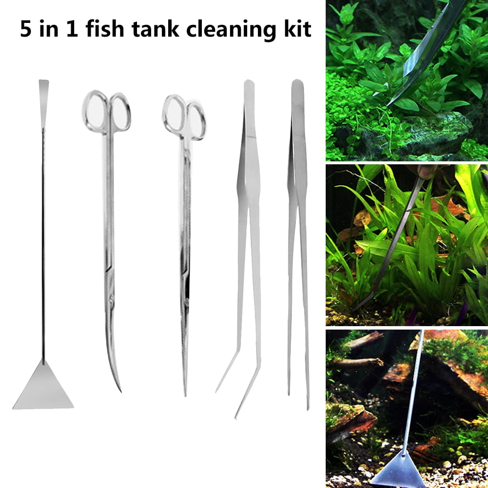 5 in 1 Aquarium Plant Tools Stainless Steel Aquatic Plant Tweezers Scissor Spatula Tool Set for Fish Tank Plants