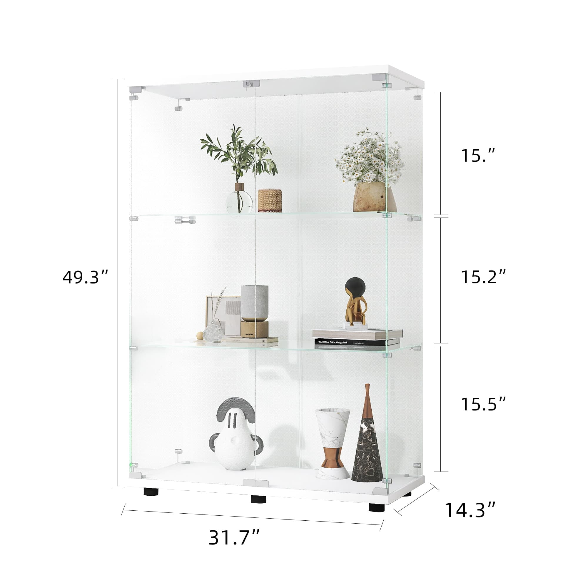 MAYEERTY Glass Display Cabinet 3 Shelves with Double Door, Floor Standing Glass Bookshelf, 49.3"×31.7"×14.3", White
