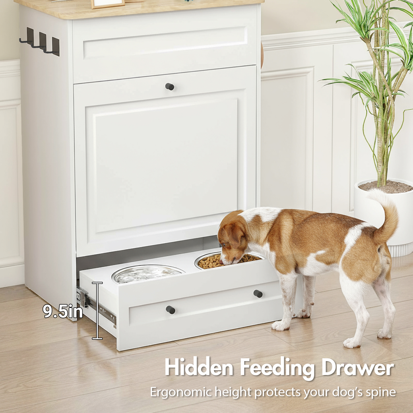 Advwin Dog Feeding Station with Storage Cabinet, Hidden Elevated Bowls for Medium & Large Dogs, Dog Food Cabinet Organizer with Slow Feeder, Stainless Steel Dog Bowls & Hooks for Pet Supplies, White