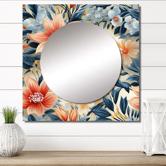 Designart "Warm Terracotta Floral Elegance II" floral Square Mirror Wall Decor Cottage - Large Blue Square Bathroom Mirror - Square Printed Wall Mirror Art